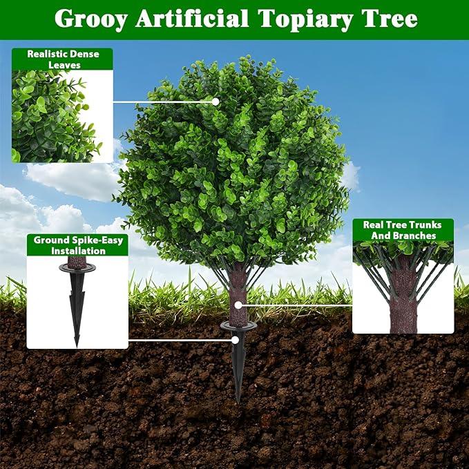 Artificial Topiary Tree with Eucalyptus, Set of 2 Artificial Shrub Bushes with Ground Spike, Fake Evergreen Tree for Porch, Artificial Plants for Outdoor Planters Indoor UV Resistant