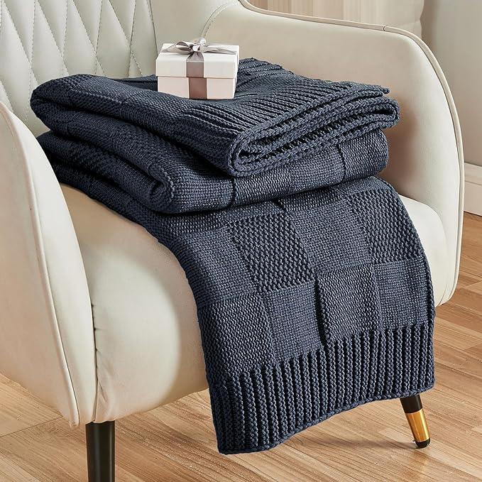 CozeCube Check Knit Throw Blanket, Midnight Navy Checkered Throw for Couch, Decorative Christmas Soft Cozy Warm Knitted Blanket for Bed Sofa Living Room, 50