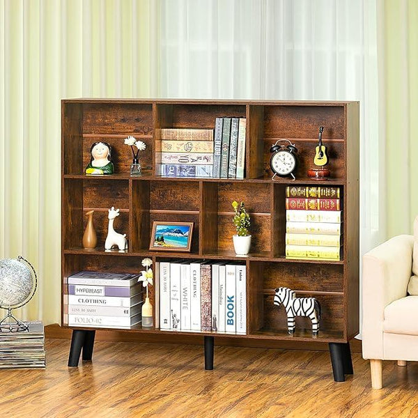 LEYAOYAO 10 Cube Bookshelf,3 Tier Modern Wide Bookcase with Legs,Mid-Century Wood Bookshelves Storage，Brown Large Book Case,Freestanding Organizer Display Shelf for Bedroom,Living Room,Office