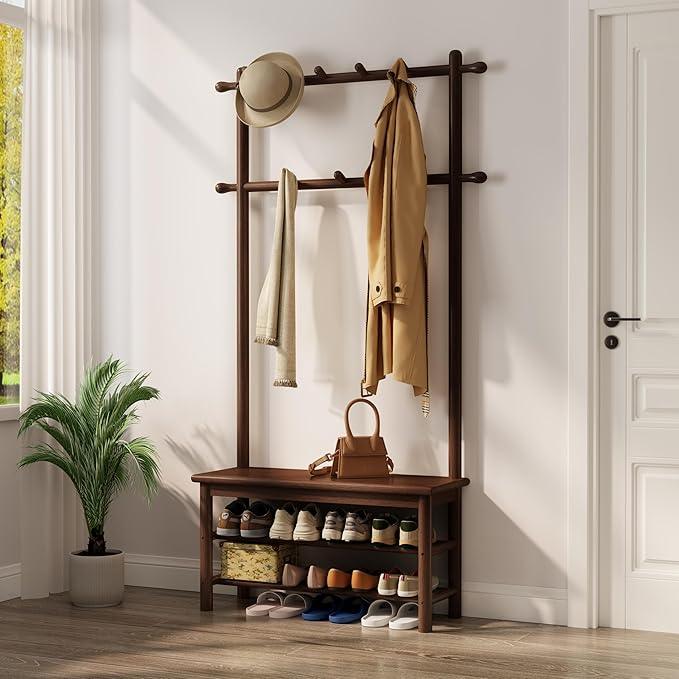 Hall Tree, Coat Rack with Shoe Storage, Wooden Hall Tree with Bench, 11 Hooks and 2-Tier Storage Shelves, Entryway Bench with Coat Rack (31.5