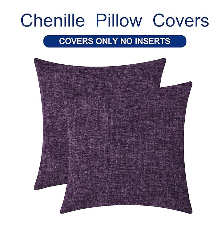 CaliTime Throw Pillow Covers Decorative 24 X 24 Inches Pack of 2 Cozy Chenille Cushion Cases for Couch Sofa Bed Living Room Home Plum Purple