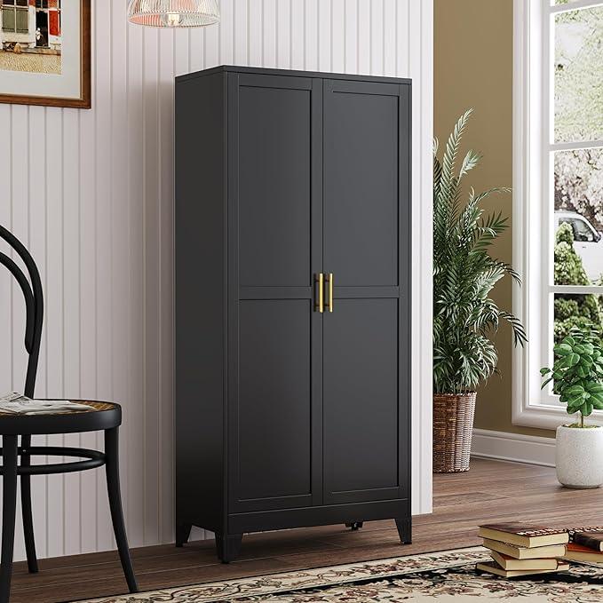 Metal Kitchen Pantry Storage Cabinet with 2 Doors and 3 Adjustable Shelves,Pantry Cabinet with Adjustable Leveling Foot for Kitchen, Living Room, Dining Room（Black）