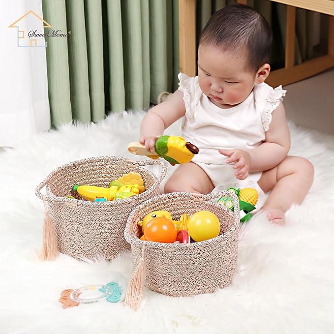 Small Soft Organizer Baskets，Decorative Mini Round Woven Rope Storage Bin Empty Gift Baskets for Man，Office, Desk Decor, Gifting, Kids, Toys, Pre Shaped, Brown, 2 Pack