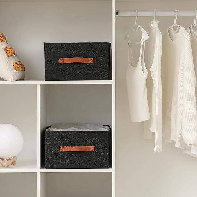 linen closet organizers and storage, 3 Pack Large Storage Baskets, Washable, Clothing Storage Bins with Handle, Closet Organizer for Storage Sweater,Sheets (Black, 18½