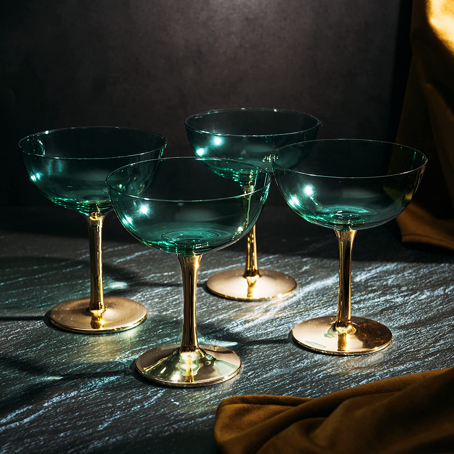 Colored Coupe Art Deco Glasses, Gold | Set of 4 | 8 oz Classic Cocktail Glassware for Champagne, Martini, Manhattan, Sidecar, Crystal Speakeasy Style Goblets Stems (Green)