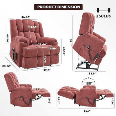 Dual Motor Power Lift Recliner Chair with Massage and Heat for Elderly People, Infinite Position, Burgundy Recliner Chair, Chenille Fabric Lift Chair