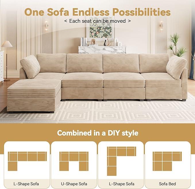 Modular Sectional Sofa with Chaise U Shaped Sectional Couch for Living Room, 7-Seater Comfy Cloud Couches, Plush Corduroy, Beige