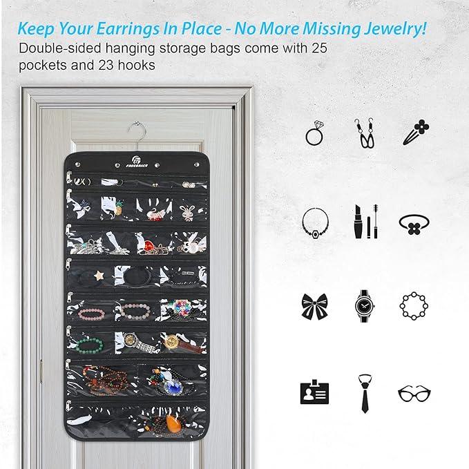 Freegrace Hanging Jewelry Organizer Revolving Hanger - Secure Zipper Closure - 25 Pockets,23 Hooks - Foldable Storage & Display Solution - for All Jewelry & Bijoux (Black)