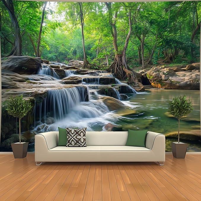 BSFHH Nature Tapestry Forest Tree Sea Cave Wall Hanging, Stream Through Rainforest Landscape Wall Art Tapestry for Bedroom Living room (Creek, 90