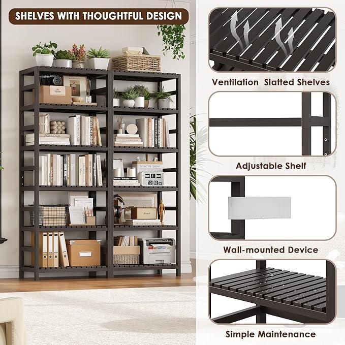 FOTOSOK 6-Tier Bamboo Shelf, Bamboo Bookcase with Adjustable Shelves, Free Standing Storage Shelf Unit, Plant Flower Stand for Kitchen, Bathroom, Home Office, Vintage