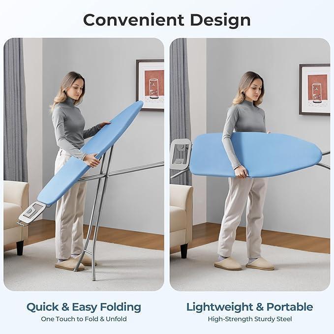 Yaheetech Foldable Ironing Board, Heavy Duty Iron Board with 9 Adjustable Heights, 4 Layer Cover and Safety Iron Rest, 52X14 Compact and Space Save Iron Board for Home Laundry Room Use, Blue