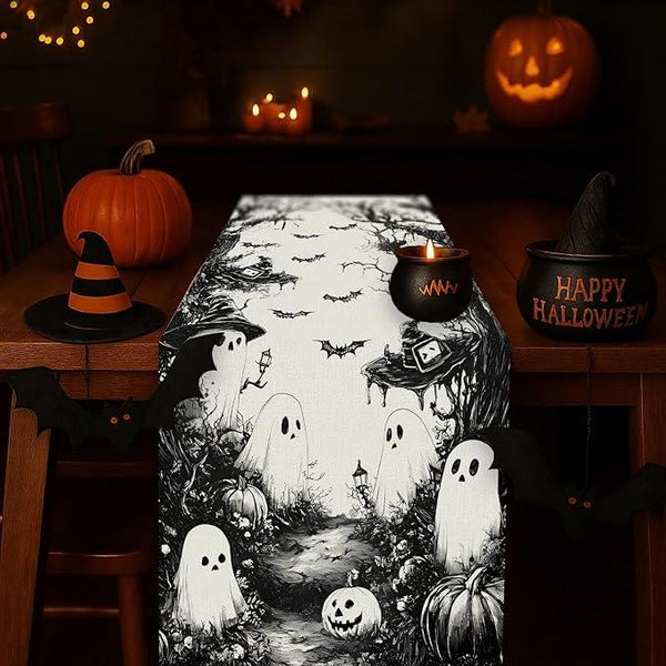 GPGHE Halloween Table Runner Black Ghost Holiday Burlap Table Decoration Indoor Outdoor Home Decor Party Supply 13 x 36 Inch