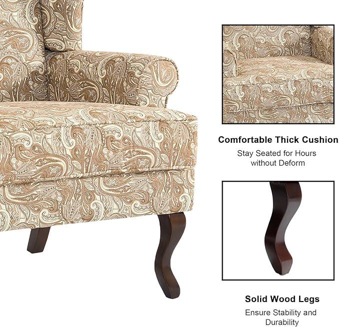 Accent Chair, High Back Upholstered Armchair with High Resilience Sponge & Wood Legs, Mid-Century Modern Comfy Single Sofa Reading Chairs for Living Room, Bedroom (Floral Sand, Set of 2)