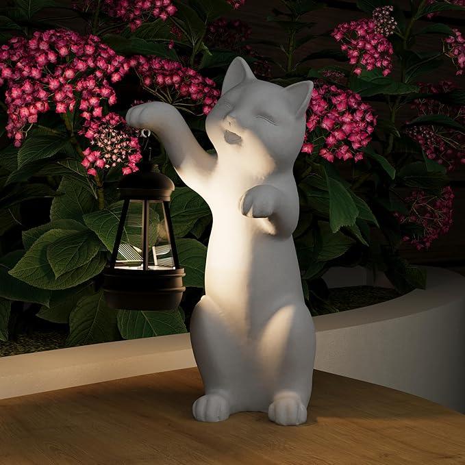 Solar Powered Garden Resin Statue Lights, 10 Inch Waterproof Outdoor Animal Cute Cat Figurine Lights, Suitable for Patios, Balconies, Lawns, Courtyards, Etc (Hand)
