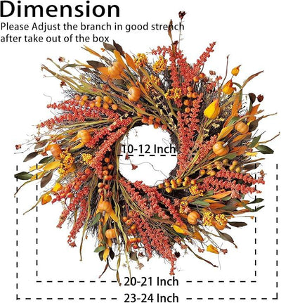 WANNA-CUL 24 inch Fall Wreath Decor for Front Door with Pumpkins, Hawthorn,Grain,Lantern Fruit,Berries,Eucalyptus Leaves, Large Harvest Door Wreath for Autumn or Thanksgiving Decoration