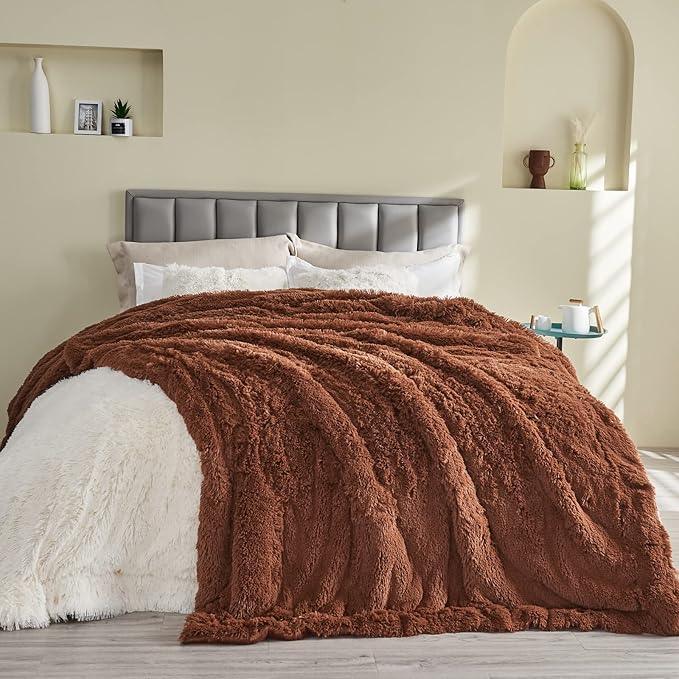 GONAAP Fuzzy Faux Fur Throw Blanket Twin Size Coffee Super Soft Cozy Plush Fuzzy Shaggy Blanket for Couch Sofa Bed (Coffee, Twin(60
