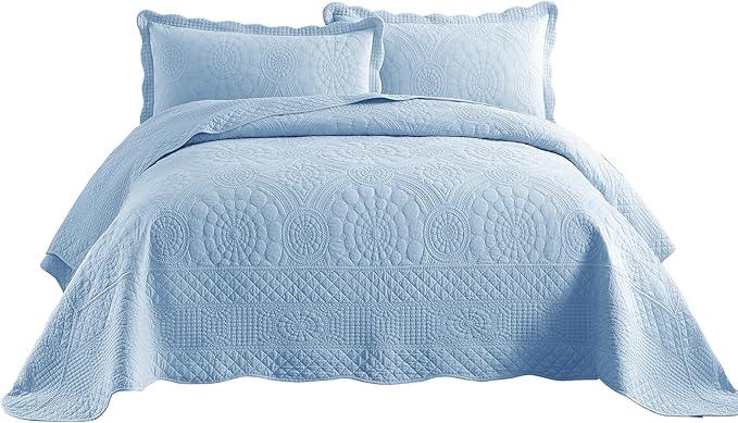 MarCielo 3-Piece 100% Cotton Oversized Bedspread Lightweight Quilt Coverlet Embroidery Farmhouse Bedding Set (Tf Light Blue, Oversized King (118