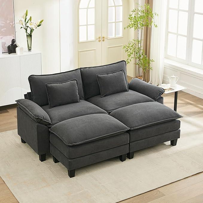 URRED Modular Sectional Sofa Comfy Cloud Couch, Modern Velvet Sofa Sleeper Deep Seat Couches with Ottoman/Pillows for Living Room (Dark Gray, 82.6''- 2 Ottomans)