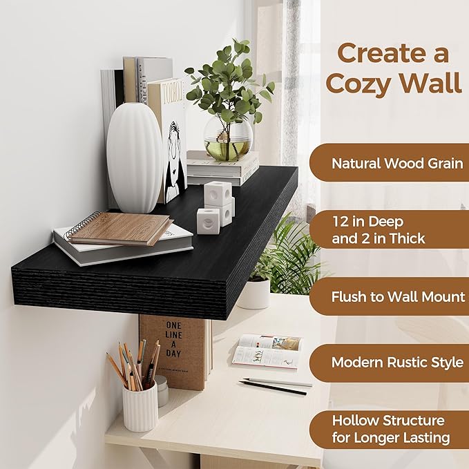 Black Floating Shelves 36 Inch Long, 12 Inch Deep Floating Shelves for Wall, 36 x 12 Shelves for Wall Storage & Display, 2