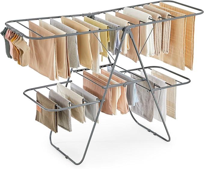 SONGMICS Clothes Drying Rack, Foldable 2-Level Laundry Drying Rack, Free-Standing Laundry Airer, with Height-Adjustable Wings, 33 Drying Rails, Sock Clips, Gray ULLR053G02V1