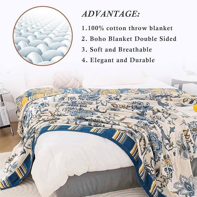 Snycler Boho Throw Blanket for Bed - 100% Cotton Ultra Soft Rustic Quilt - White Blue Floral Printed Farmhouse Decor Bed Blankets, 80