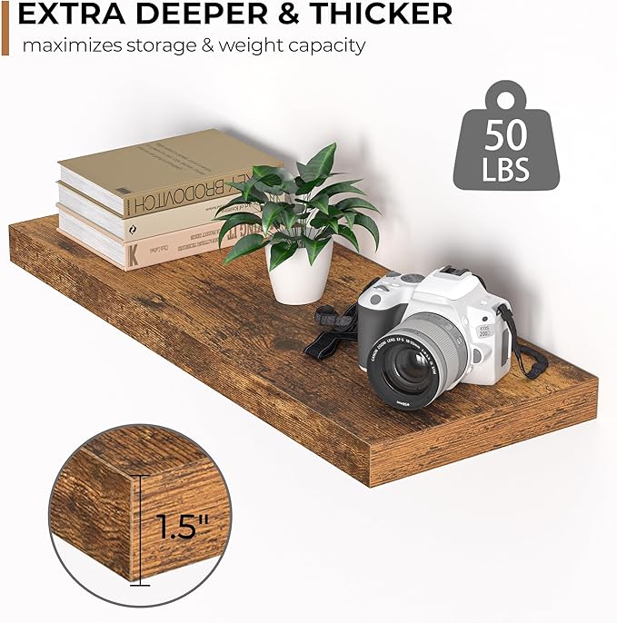 Floating Shelves - 2 Pack 9 Inch Rustic Wooden Wall Shelves - Extra Deeper & Thicker Wall Mounted Storage Shelf for Living Room, Kitchen, Farmhouse - 24