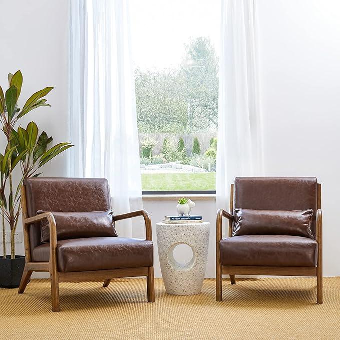 Glitzhome 2 Set Mid Century Coffee Accent Armchair, Single Reading Armchair PU Leather Lounge Chair with Walnut Ruberwood Frame