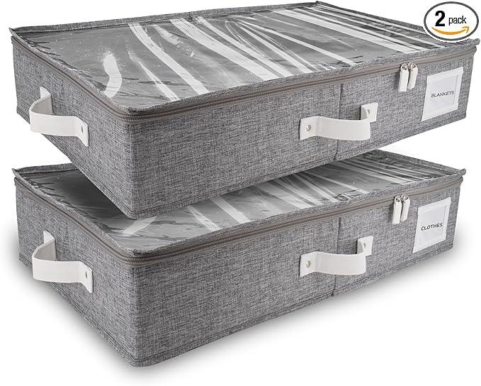 HOMELUX THEORY 2pc Under Bed Storage Containers, Bedroom Under the Bed Drawer Storage Organizer with Bins and Lids, Large Underbed Clothes Storage Box Ideal for Blanket, Fabric, & Shoes (LightGray)