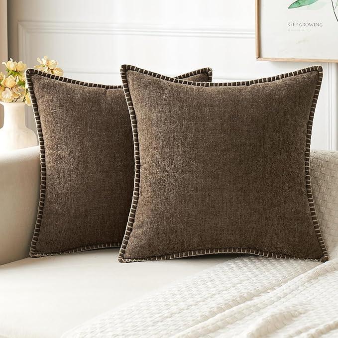 MIULEE Pack of 2 Couch Throw Pillow Covers 20x20 Inch Brown Farmhouse Decorative Pillow Covers with Stitched Edge Soft Chenille Solid Dyed Spring Pillow Covers for Sofa Bed Living Room