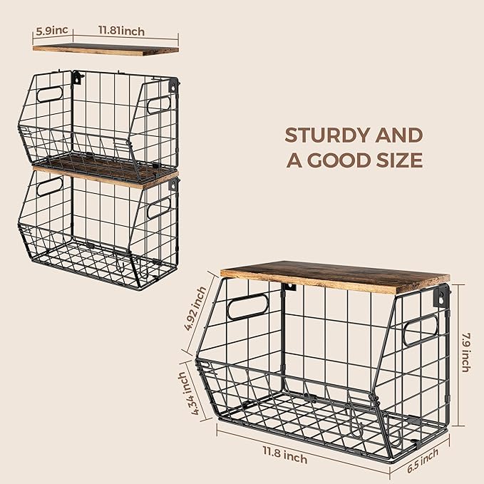 Delamu 2-Pack Stackable Metal Fruit Basket with Wood Lid-Wall Mounted & Countertop Organizer for Kitchen,Pantry- Ventilated Storage for Onions,Potatoes,Fruits,Spices (12