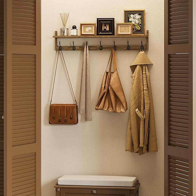 BAMEOS Coat Rack Wall Mount, Large Wooden Coat Hooks with Shelf, 35