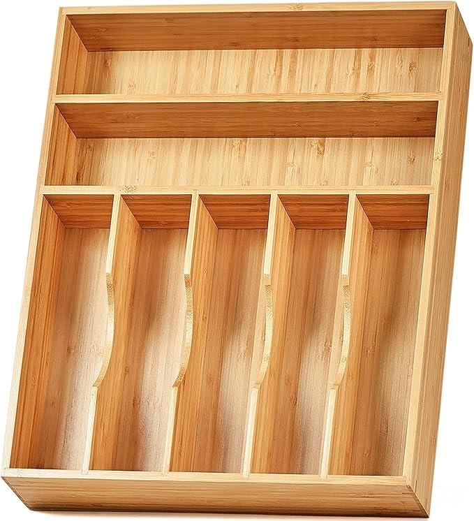 Umilife Kitchen Drawer Organizer, 12.5 Inch Silverware Utensil Tray Holder, Extra Deep, with Non-Slip Feet & Grooved Drawer Divider, 7 Slots Total Bamboo Wood Caddy for Flatware Cutlery Knives