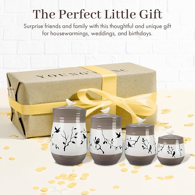 Young's 4 Piece Ceramic Canisters Sets for Kitchen, Country Style Ceramic Containers for Flour, Sugar, Tea and Coffee, Storage Containers with Lids 10.75