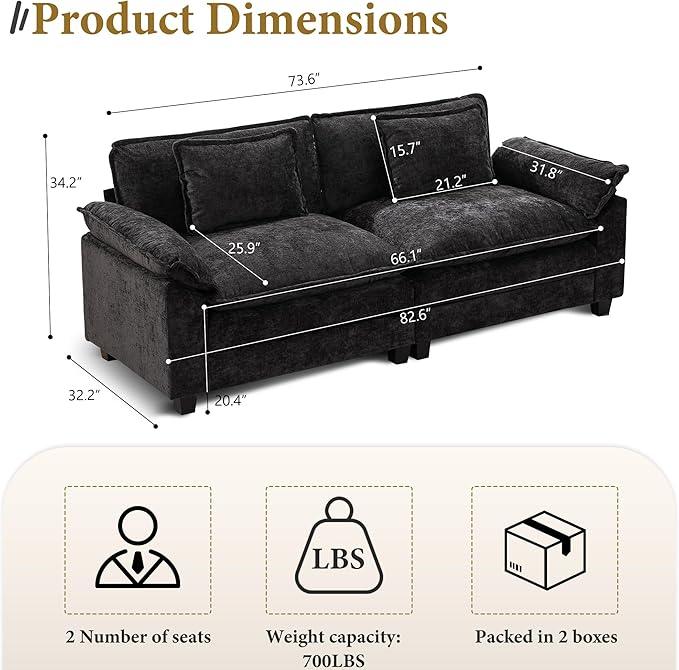 URRED Modular Sectional Sofa Comfy Cloud Couch, Modern Chenille Sofa Sleeper Deep Seat Couches with Ottoman/Pillows for Living Room (Black, 82.6'')