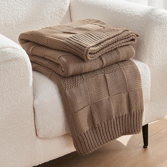 CozeCube Check Knit Throw Blanket, Light Brown Checkered Throw for Couch, Decorative Christmas Soft Cozy Warm Knitted Blanket for Bed Sofa Living Room, 60