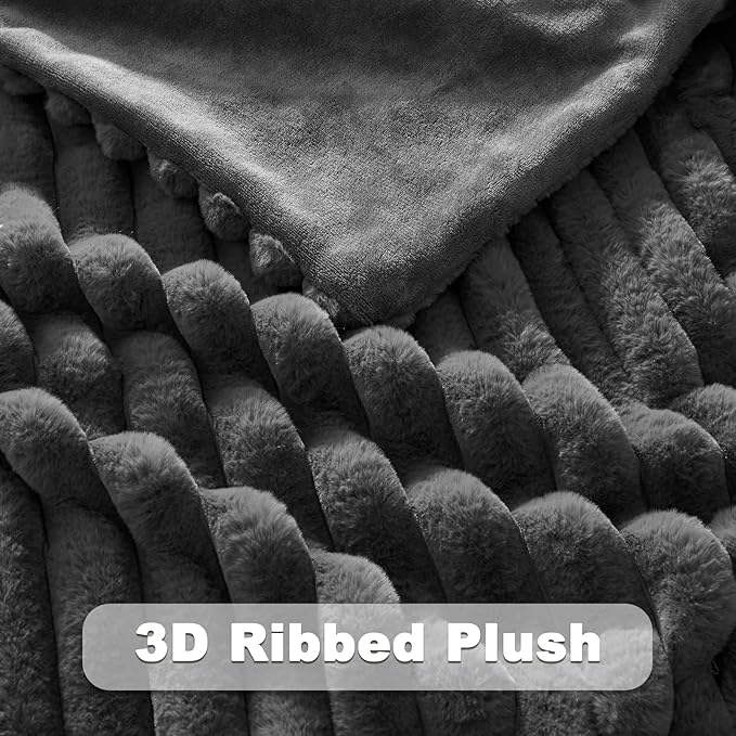 NEWCOSPLAY Faux Fur Throw Blanket Grey 3D Ribbed Plush Thick Warm Blanket for Couch Sofa Bed 850GSM (Grey Ribbed, Throw(50