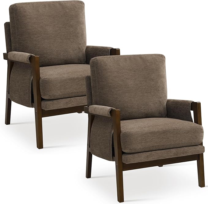 Modern Accent Chairs Set of 2 for Living Room Mid Century Arm Chairs Upholstered Bedroom Chairs Comfy Lounge Chairs with Solid Wood Frame, Dark Brown
