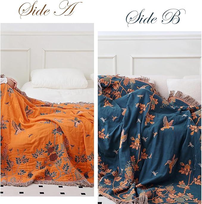 Snycler Boho Throw Blanket for Bed, 100% Organic Cotton Muslin Soft Throw-Floral Bird Farmhouse Rustic Spring Summer Fall Decor Blanket for Couch Sofa Quilt and Gift, 80