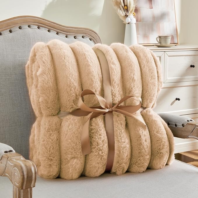 BEDELITE Faux Fur Throw Blanket for Couch, Soft and Cozy Luxurious 3D Striped Fluffy Blanket, 770GSM Thick Warm Plush Fuzzy Faux Rabbit Fur Blanket for Women Gift (Brown, 50