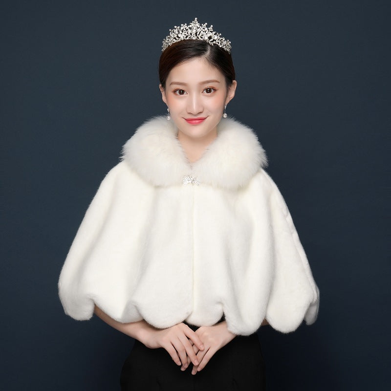 Bride's wedding dress fur shawl women's warm white cloak cheongsam jacket red cloak