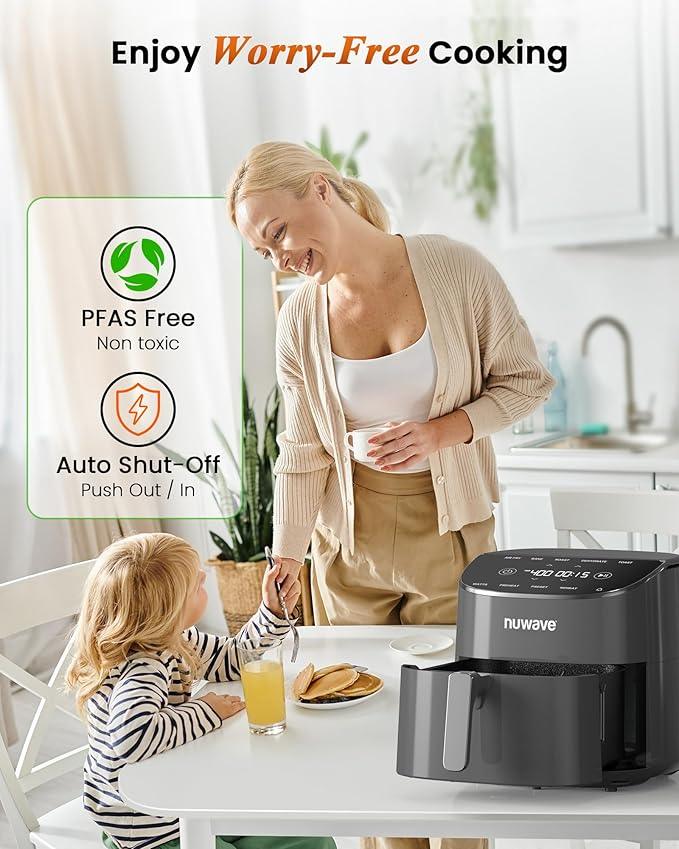 Nuwave Brio Plus Air Fryer 8 Qt, New & Improved, PFAS-FREE, 7 Digital One-Touch Cook Functions that AIR FRY, BAKE, ROAST, DEHYDRATE, TOAST, REHEAT, PREHEAT, 150 Presets, 50°F~400°F (Cool Gray)