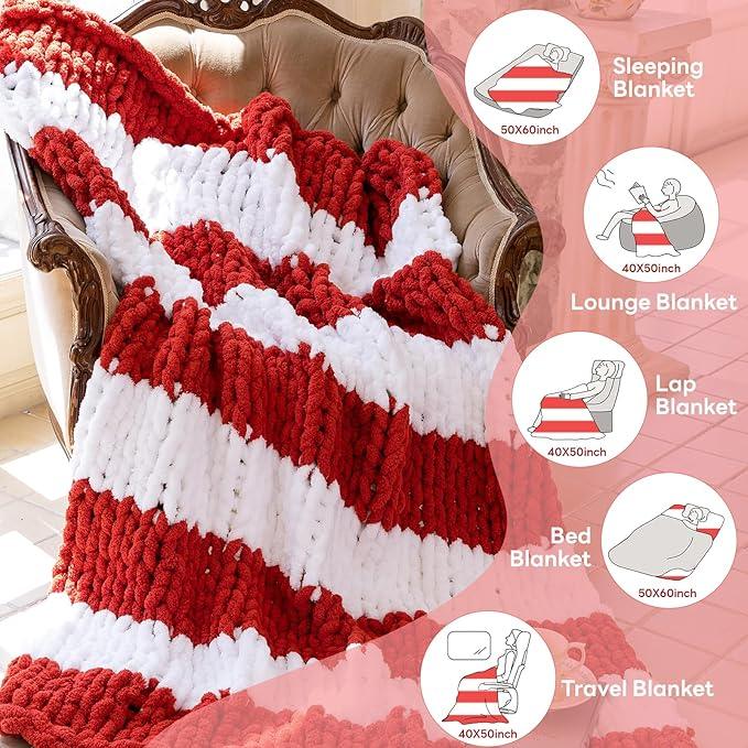 Chunky Knit Blanket - Luxury Soft Cozy 50 * 60 Throw Blanket,100% Woven Blanket Rope Knot Throw Blanket for Couch, Sofa, Home Decor, Gift - Machine Washable（White/Wine red）