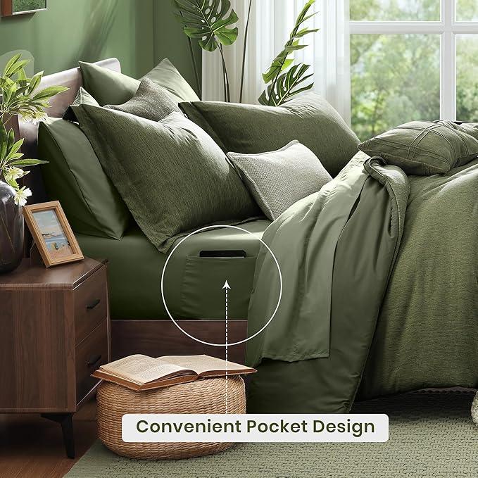 Monbix Queen Comforter Set - 7 Pieces Cationic Dyeing Olive Green Bed in a Bag Queen Bedding Sets with Comforter, Sheets, Pillowcases & Shams, Reversible Bedding Comforters Sets