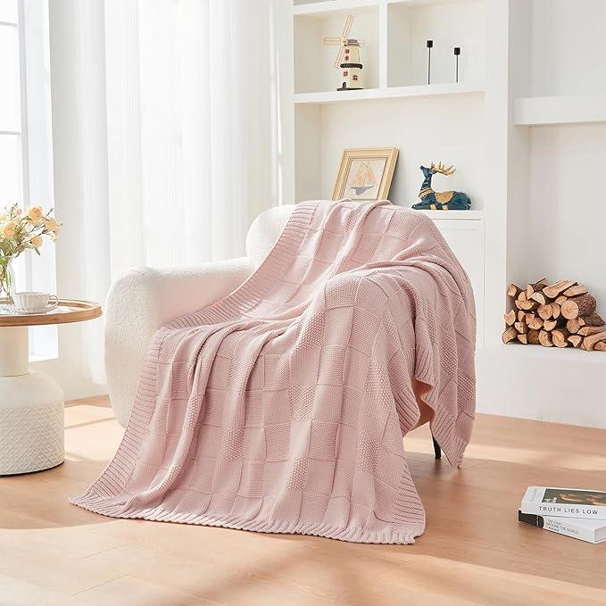 CozeCube Check Knit Throw Blanket, Pink Checkered Throw for Couch, Decorative Christmas Soft Cozy Warm Knitted Blanket for Bed Sofa Living Room, 50