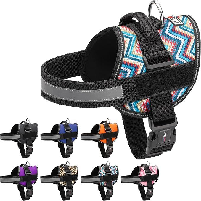 Dogline Dog Harness, Reflective No-Pull Adjustable Vest with Handle for Walking, Training, Breathable, No - Choke Harness for Small, Medium or Large Dogs Room for Patches Aztec Design 2 L 27