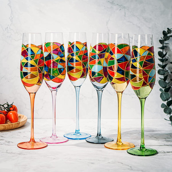 Stained Glass Champagne Flutes Set of 6 Hand Painted - Wine Savant - Hand Blown 7 Ounce Colorful Renaissance Champagne Glasses - 10.2