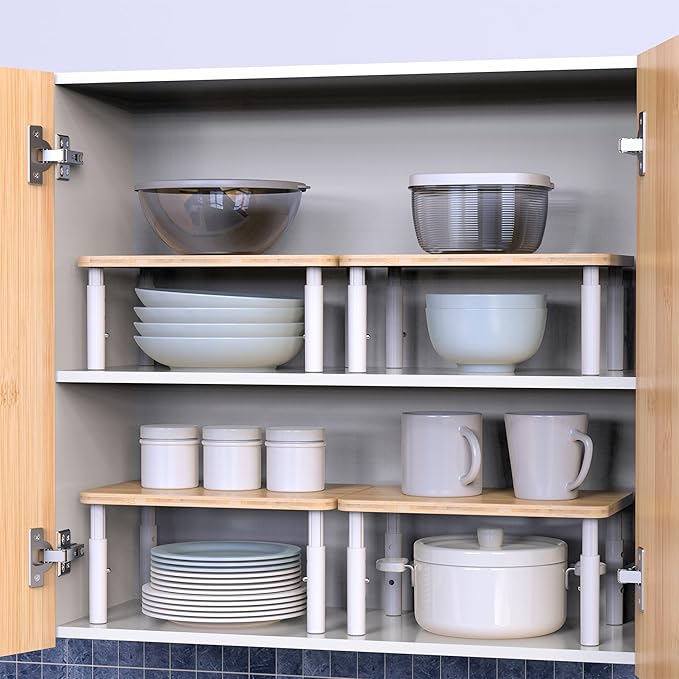 Cabinet Organizer Shelf, Spice Rack Set of 2 Kitchen Pantry Cupboard Shelves, Stackable, Height Adjustable, Natural Bamboo (11.7