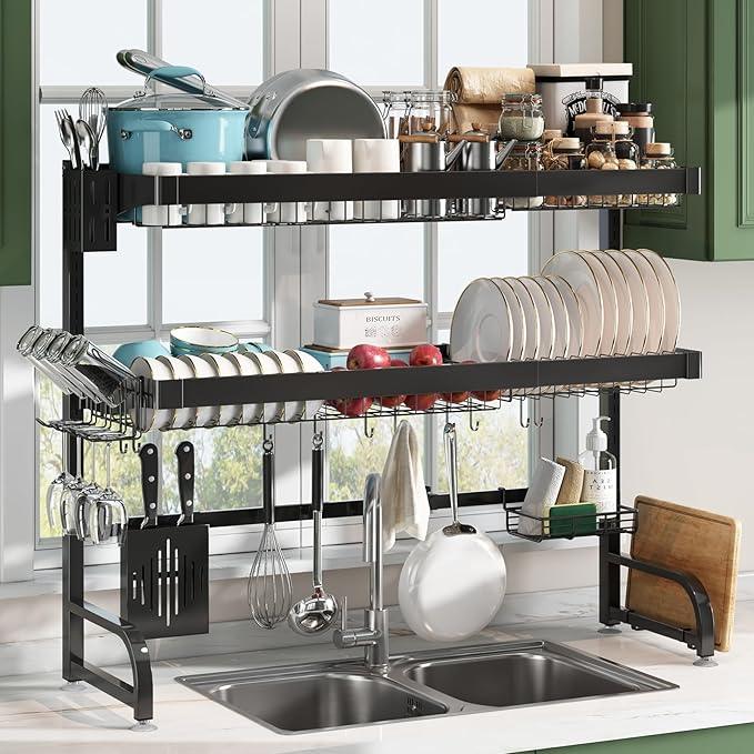 3 Tier Extra Large Stainless Steel Expandable Over The Sink Dish Drainer Drying Rack, Rust Proof Metal, Space Saving, Modern Black Big Capacity Extendable Plate Strainers Above Kitchen Counter
