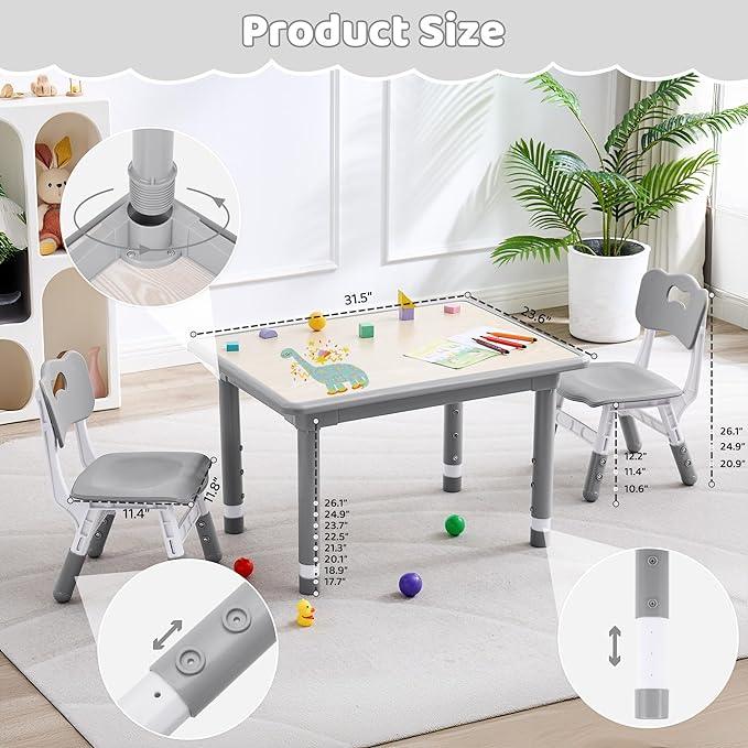 Kids Table and 2 Chairs Set, Height Adjustable (17.7