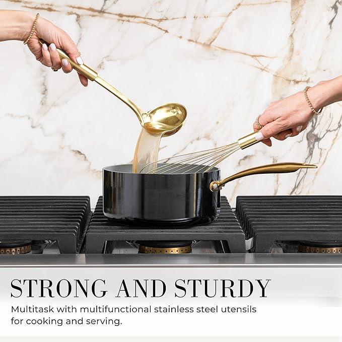 Styled Settings Black and Gold Cooking Utensils Set - 7-Piece Silicone Utensils Set Include Spatula Holder for Nonstick Cookware and Modern Kitchens - Stylish Black and Gold Kitchen Accessories
